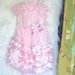 Pink Baby dress, 6-9 Month, rosette petals, Soft,nylon,bottom snaps. washable.